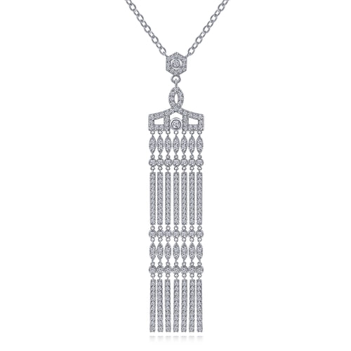 30 inch Art Deco Inspired 18K White Gold Diamond Pavé Tassel Pendant Necklace