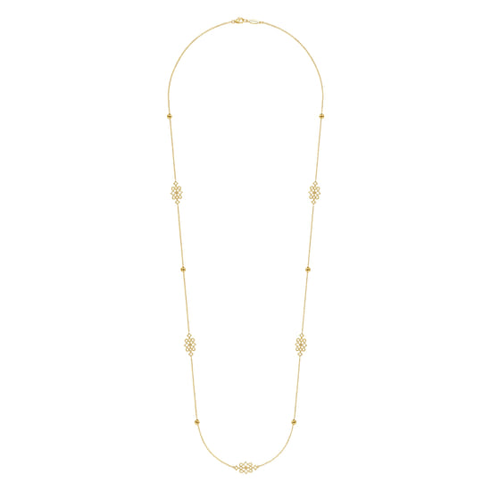 30 inch Vintage Inspired 14K Yellow Gold Filigree Station Necklace angle 2 30 inch Vintage Inspired 14K Yellow Gold Filigree Station Necklace angle 2