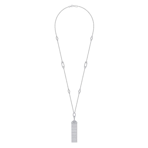 30 inch Vintage Inspired 18K White Gold Filigree and Diamond Tassel Pendant Necklace
