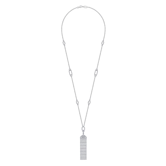 30 inch Vintage Inspired 18K White Gold Filigree and Diamond Tassel Pendant Necklace angle 2