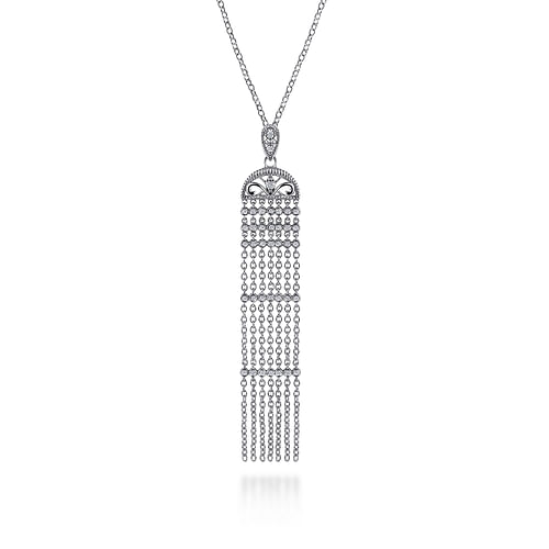 30 inch Vintage Inspired 925 Sterling Silver White Sapphire Fringe Pendant Necklace