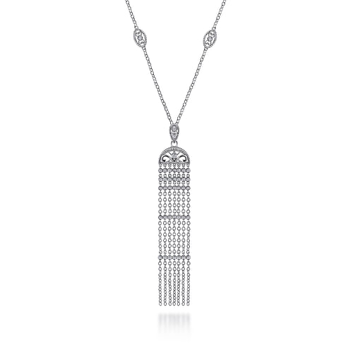 30 inch Vintage Inspired 925 Sterling Silver White Sapphire Fringe Pendant Necklace