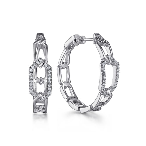 30mm 14K White Gold Diamond Link Geometric Hoops Earrings