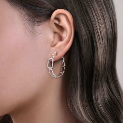 30mm 14K White Gold Diamond Link Geometric Hoops Earrings