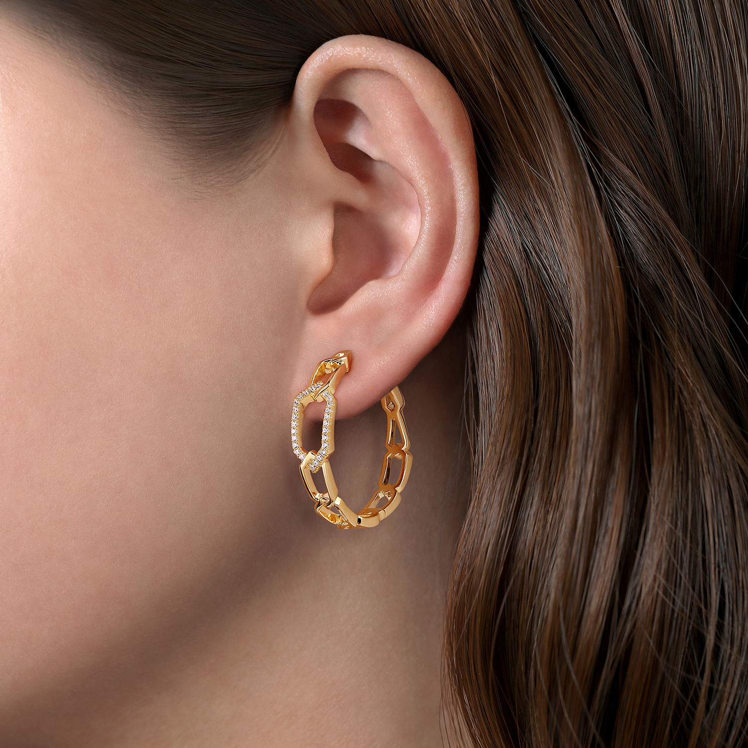 30mm 14K Yellow Gold Diamond Link Geometric Hoops Earrings