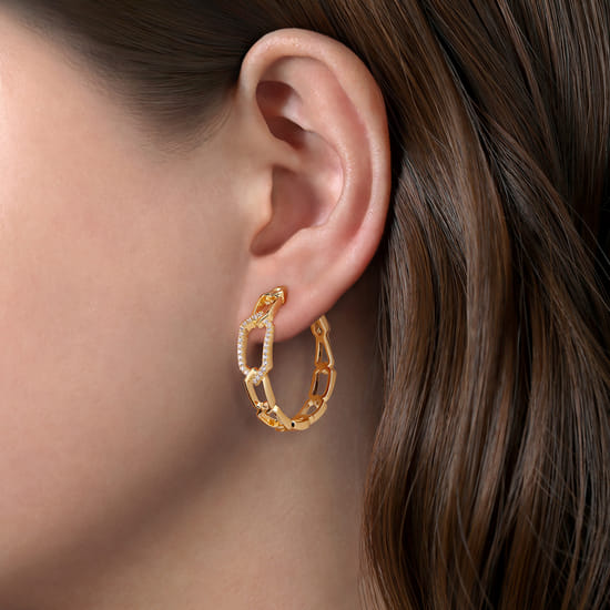 30mm 14K Yellow Gold Diamond Link Geometric Hoops Earrings angle 2