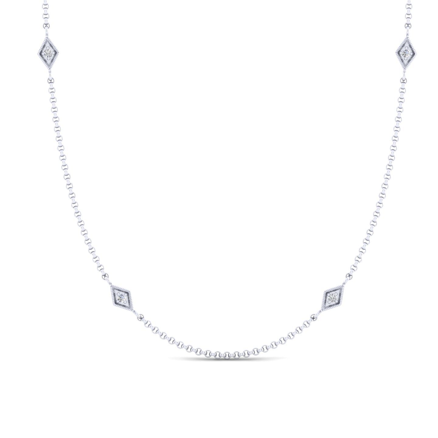 32 Inch 14K White Gold Rhombus Station Necklace with Diamonds