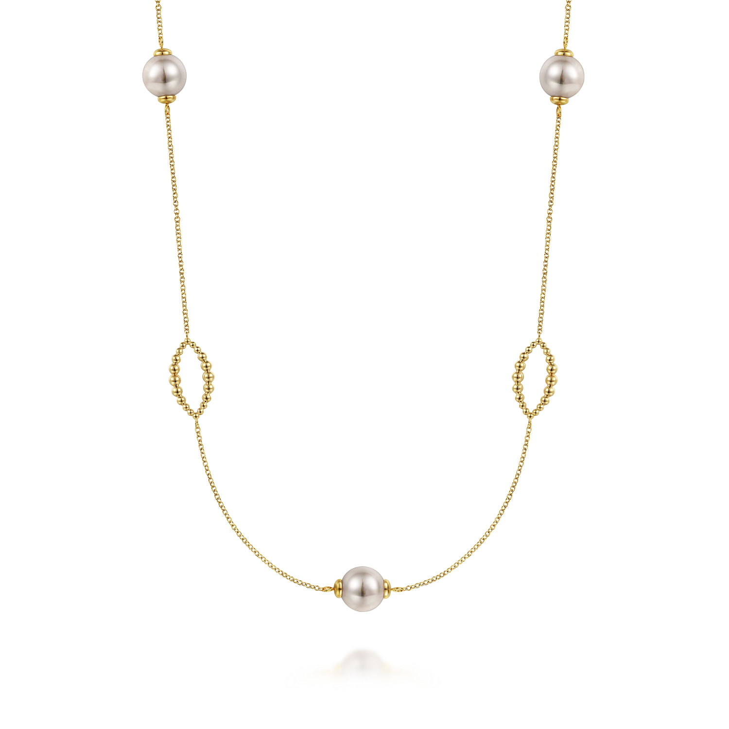 32 Inch 14K Yellow Gold Pearl and Bujukan Ovals Station Necklace