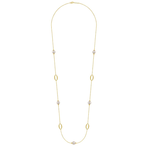 32 Inch 14K Yellow Gold Pearl and Bujukan Ovals Station Necklace