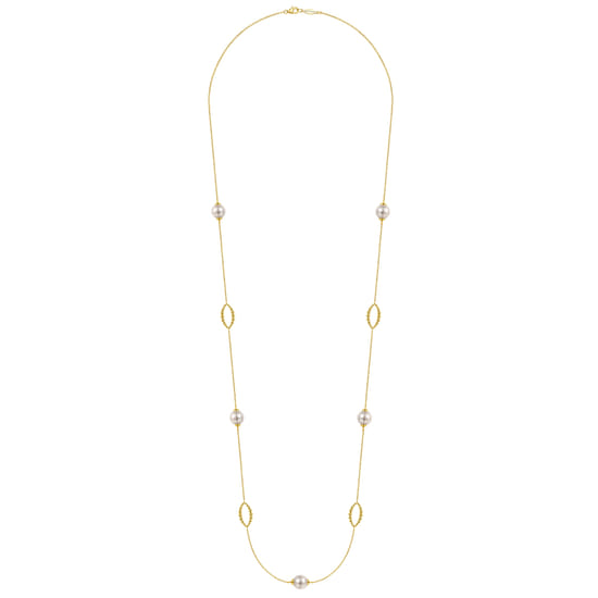 32 Inch 14K Yellow Gold Pearl and Bujukan Ovals Station Necklace angle 2