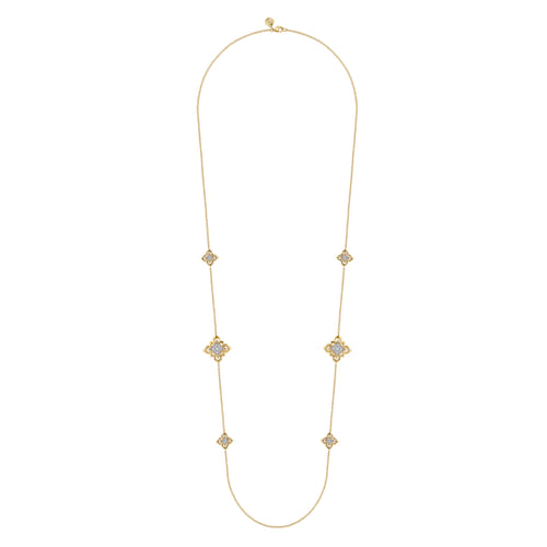 32 Inch 18K Yellow Gold Bujukan and Diamond Floral Station Necklace