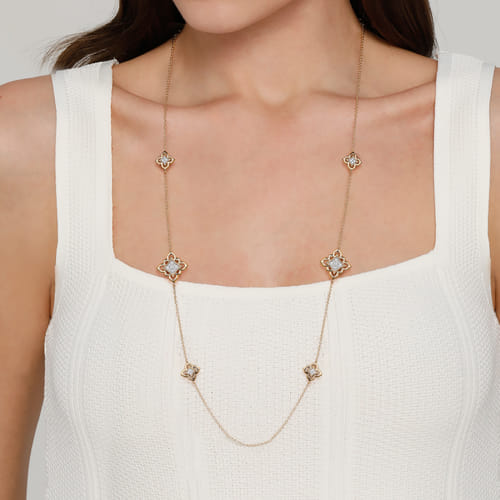 32 Inch 18K Yellow Gold Bujukan and Diamond Floral Station Necklace