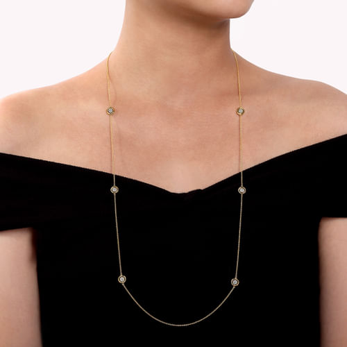 32 inch 14K Yellow Gold Necklace with Cluster Diamond Stations