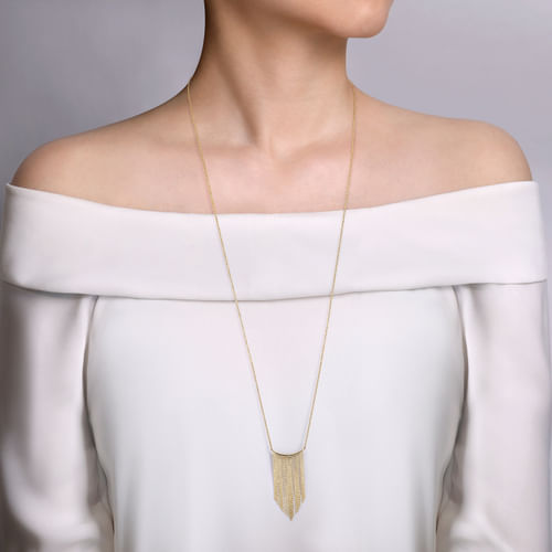 32 inch 14k Yellow Gold Curved Bar And Waterfall Chain Necklace
