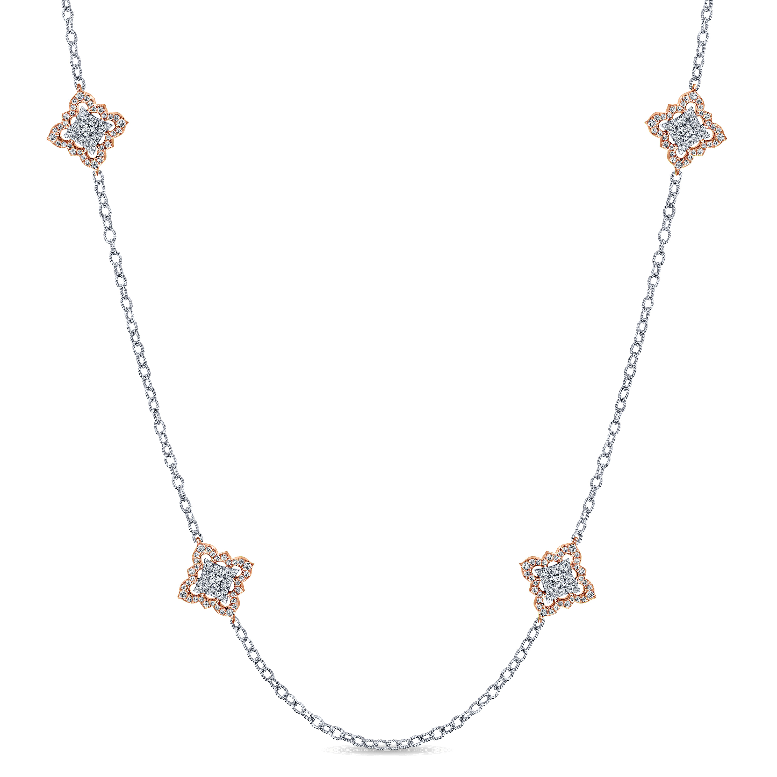 32 inch 18K Rose and White Gold Filligree and Diamond Station Necklace
