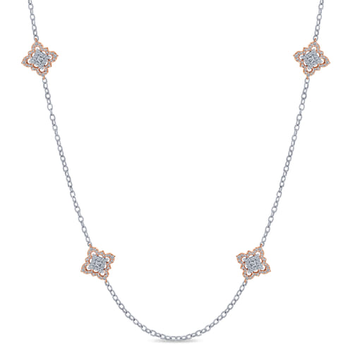 32 inch 18K Rose and White Gold Filligree and Diamond Station Necklace