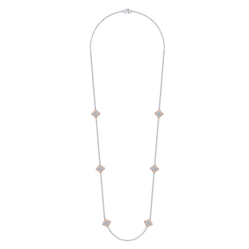 32 inch 18K Rose and White Gold Filligree and Diamond Station Necklace