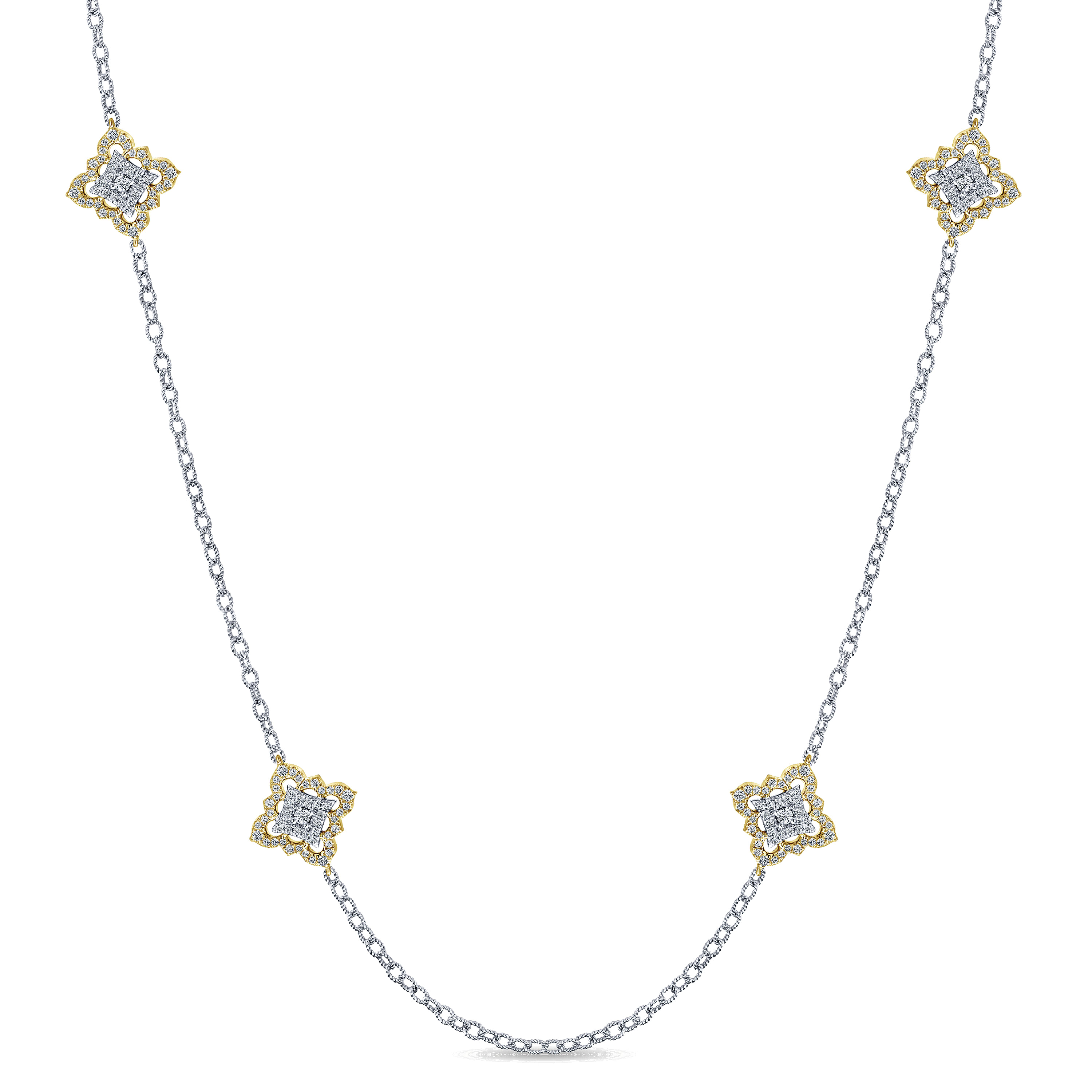 Gabriel - 32 inch 18K Yellow and White Gold Filligree and Diamond Station Necklace