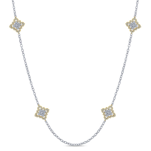 32 inch 18K Yellow and White Gold Filligree and Diamond Station Necklace 32 inch 18K Yellow and White Gold Filligree and Diamond Station Necklace