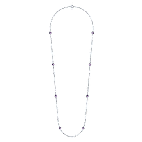 32 inch 925 Sterling Silver Cushion Cut Amethyst Clover Station Necklace