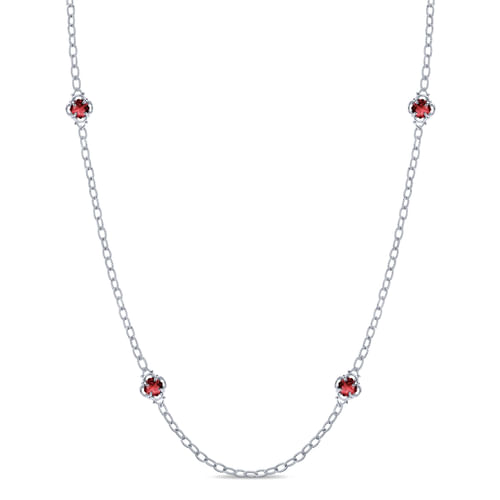 32 inch 925 Sterling Silver Cushion Cut Garnet Clover Station Necklace