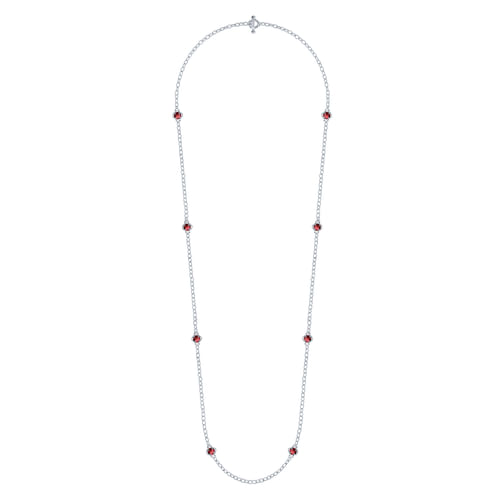 32 inch 925 Sterling Silver Cushion Cut Garnet Clover Station Necklace