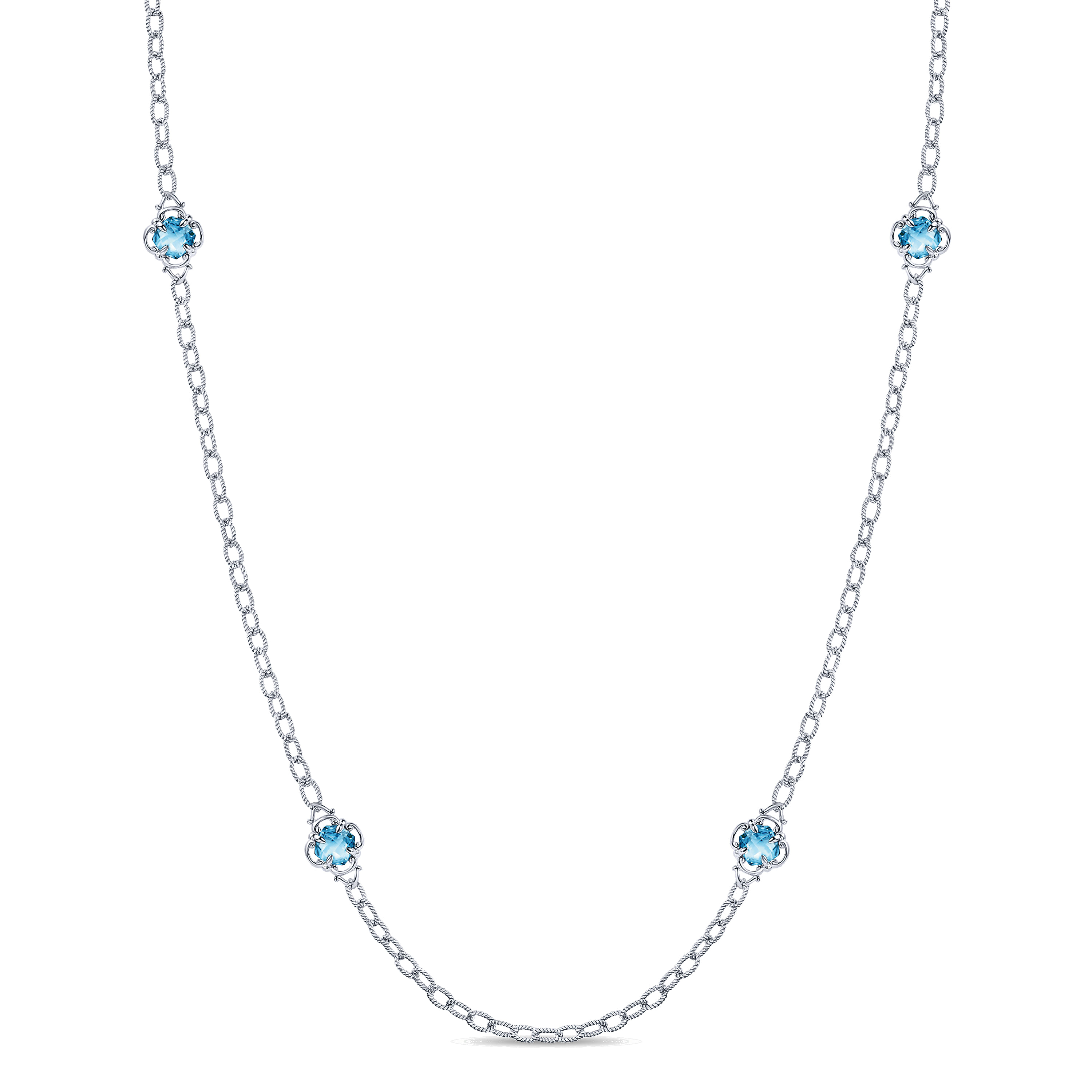 32 inch 925 Sterling Silver Cushion Cut Swiss Blue Topaz Clover Station Necklace