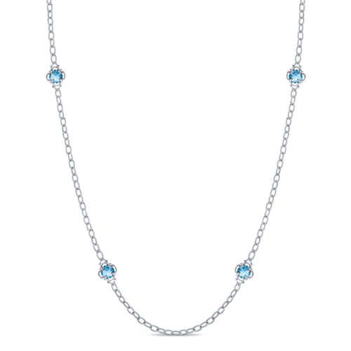 32 inch 925 Sterling Silver Cushion Cut Swiss Blue Topaz Clover Station Necklace