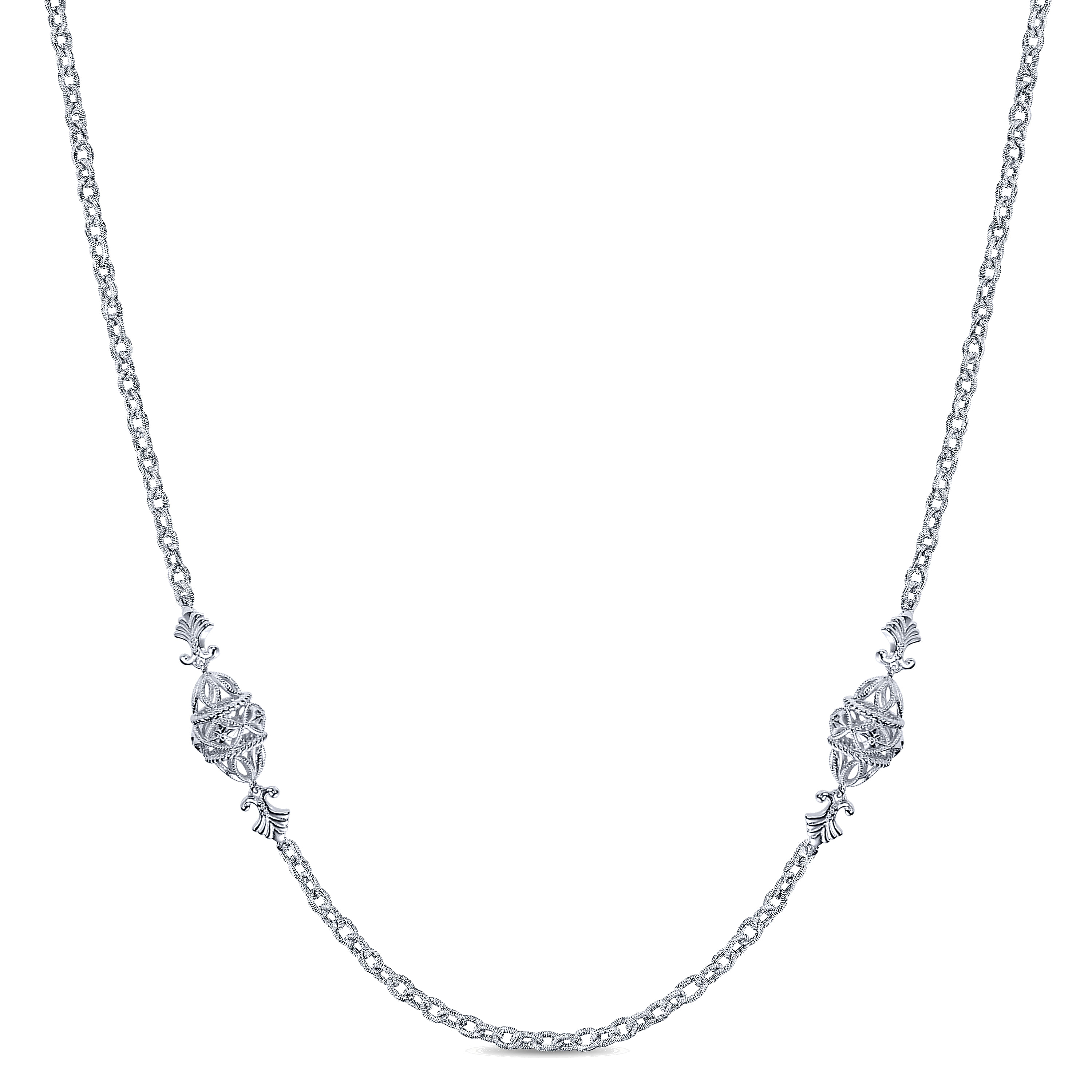 32 inch 925 Sterling Silver Filigree Bead Station Necklace