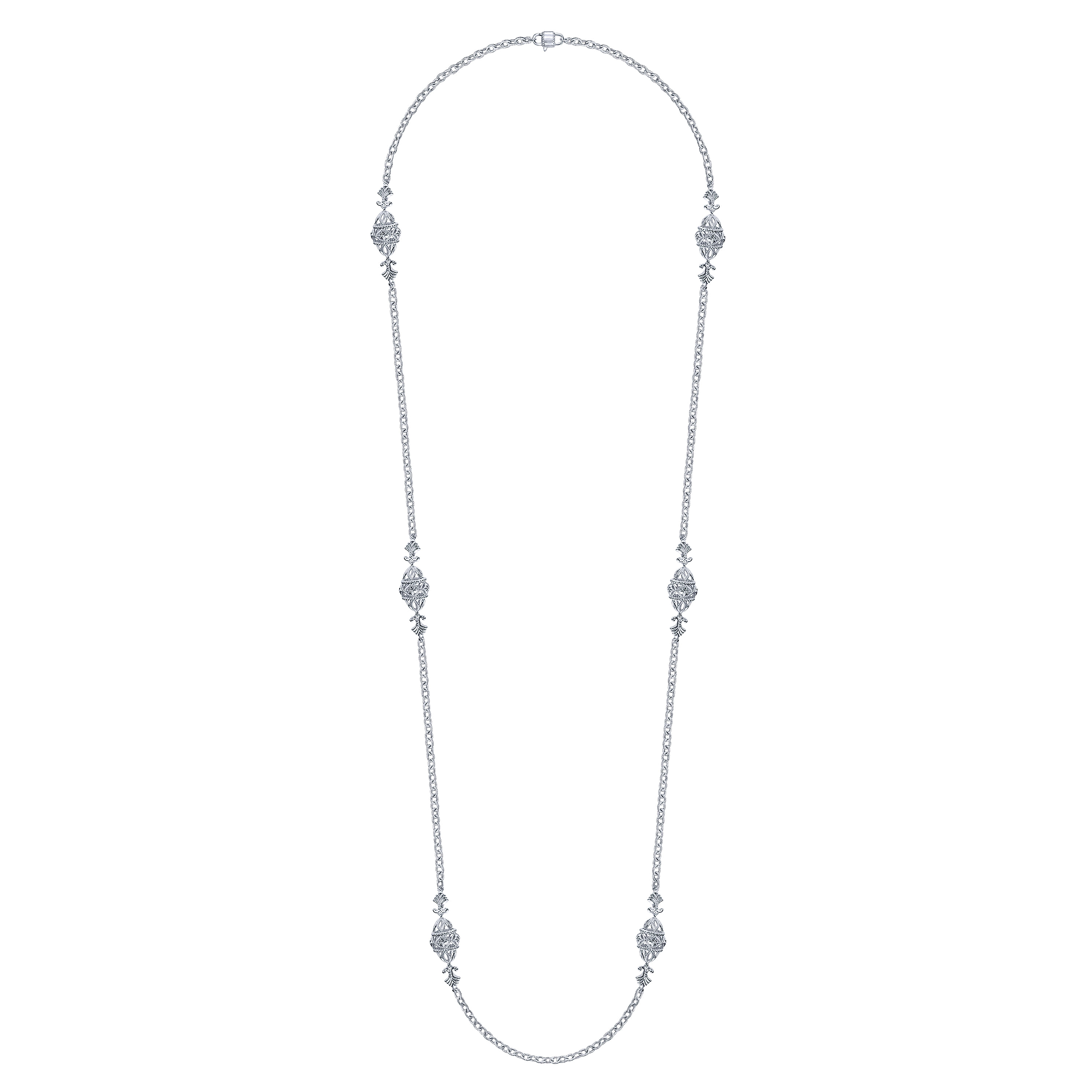 32 inch 925 Sterling Silver Filigree Bead Station Necklace