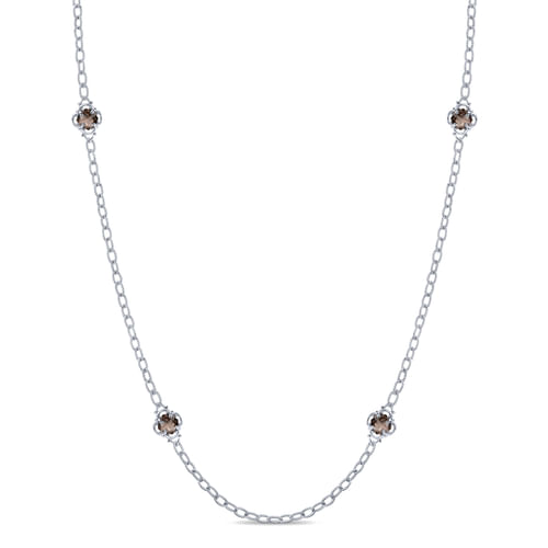 32 inch 925 Sterling Silver Station Smokey Quartz Station Necklace