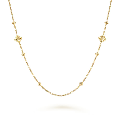 36 inch 14K Yellow Gold Pyramid Quatrefoil Station Necklace