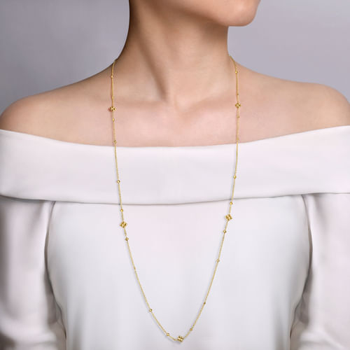 36 inch 14K Yellow Gold Pyramid Quatrefoil Station Necklace