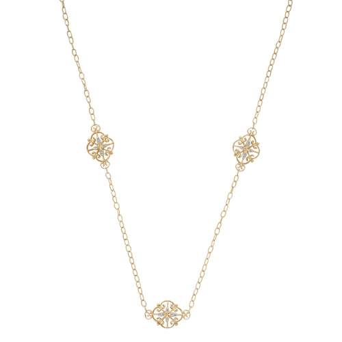36 inch 18K Yellow Gold Diamond Filigree Station Necklace