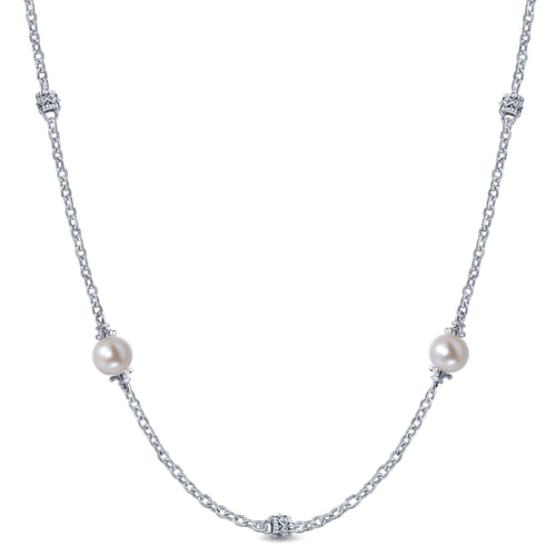 36 inch 925 Sterling Silver Cultured Pearl Station Necklace