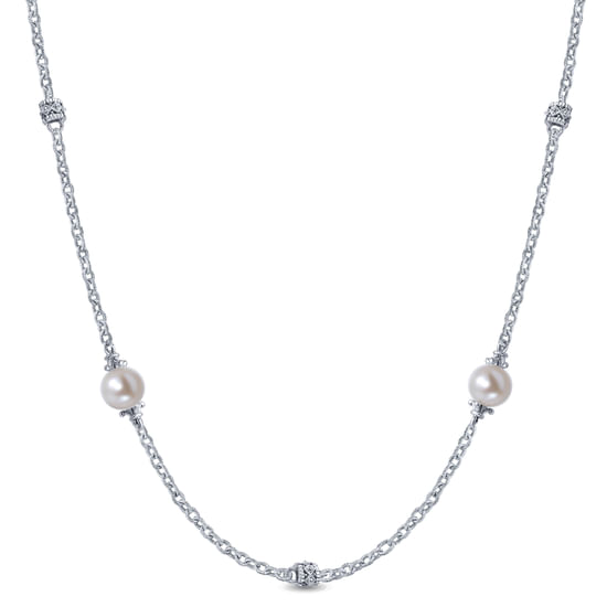 Gabriel - 36 inch 925 Sterling Silver Cultured Pearl Station Necklace