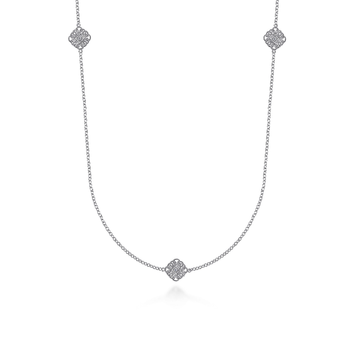 36 inch 925 Sterling Silver Diamond Filigree Station Necklace