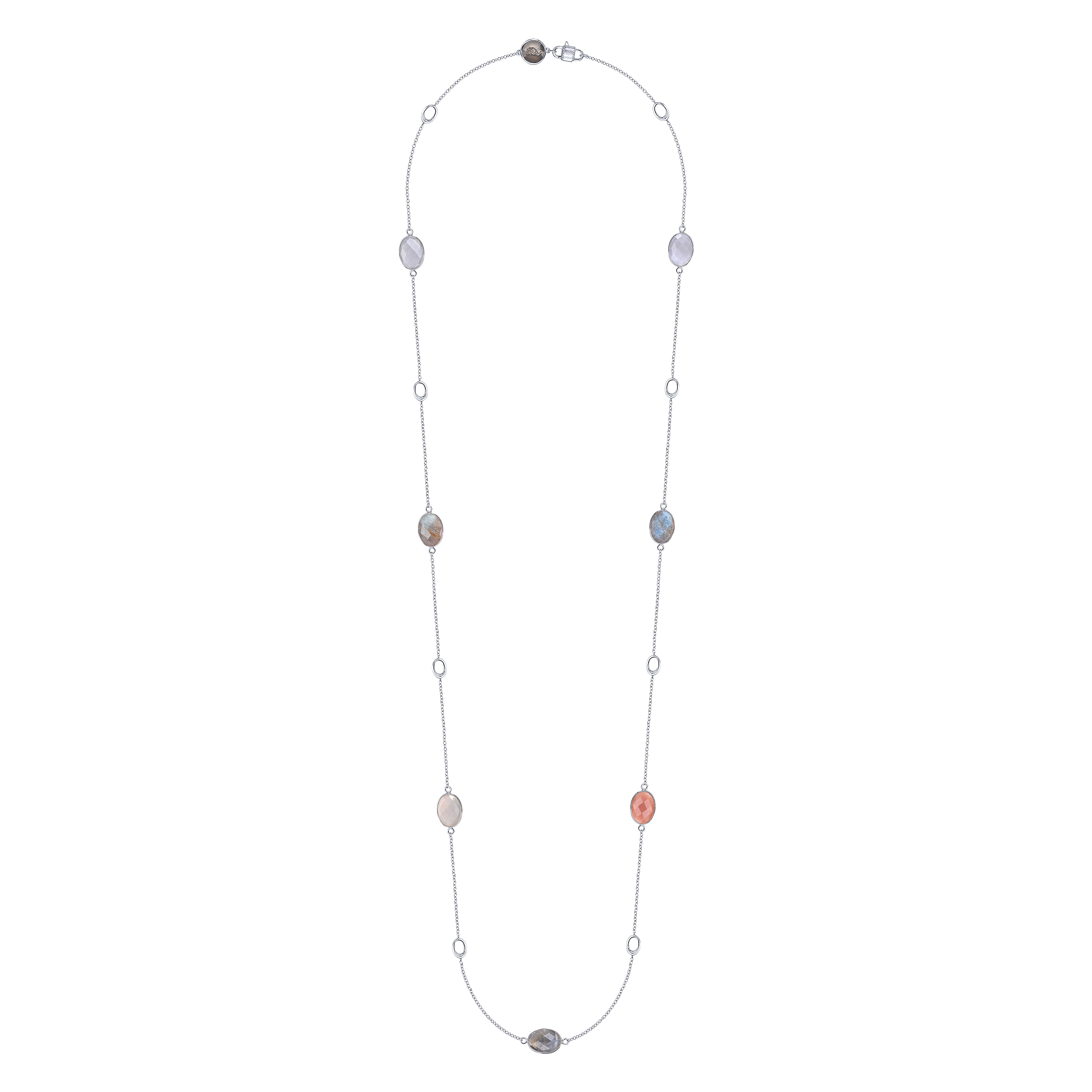 36 inch 925 Sterling Silver Labradorite and Mixed Moonstone Station Necklace