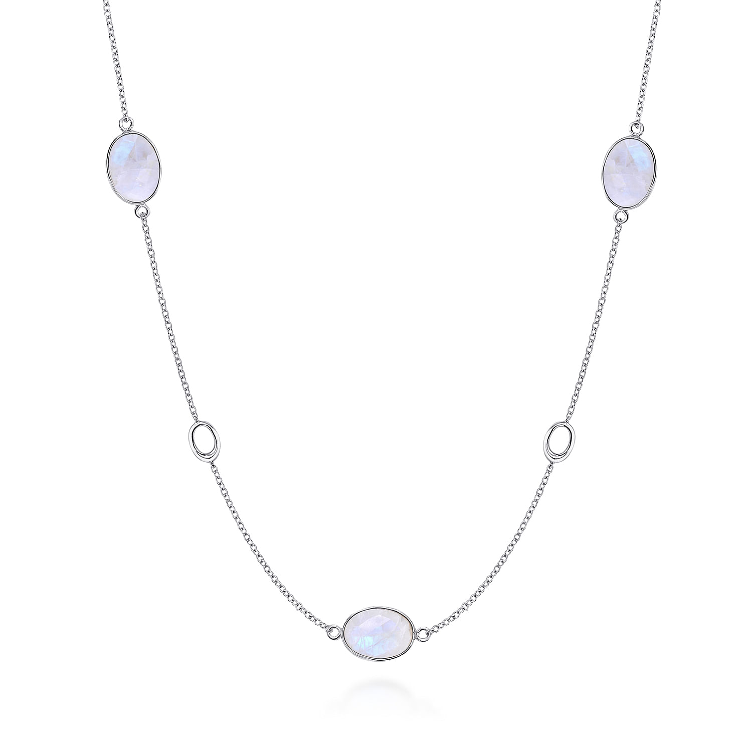 36 inch 925 Sterling Silver Oval Rainbow Moonstone Station Necklace