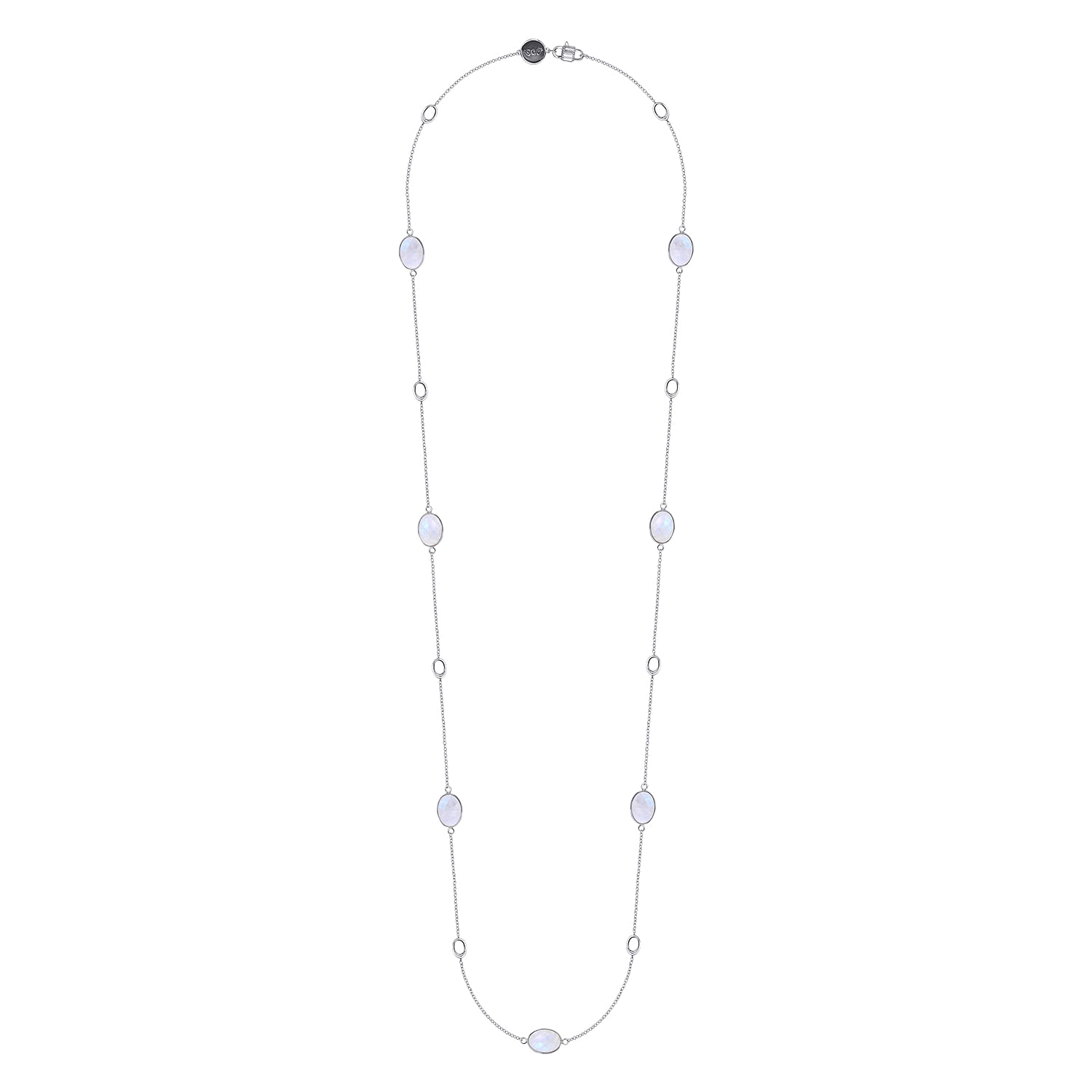 36 inch 925 Sterling Silver Oval Rainbow Moonstone Station Necklace