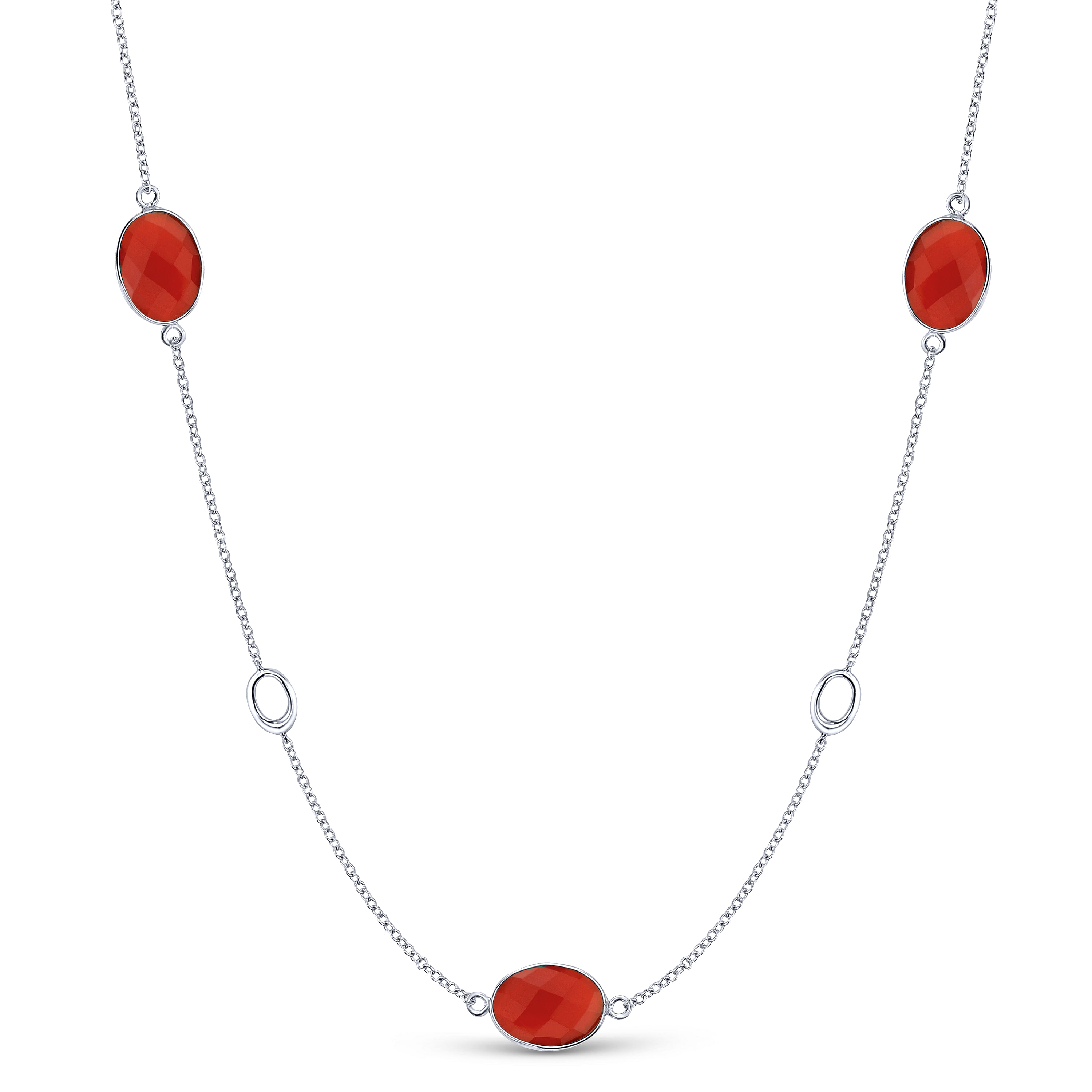 36 inch 925 Sterling Silver Oval Red Onyx Station Necklace
