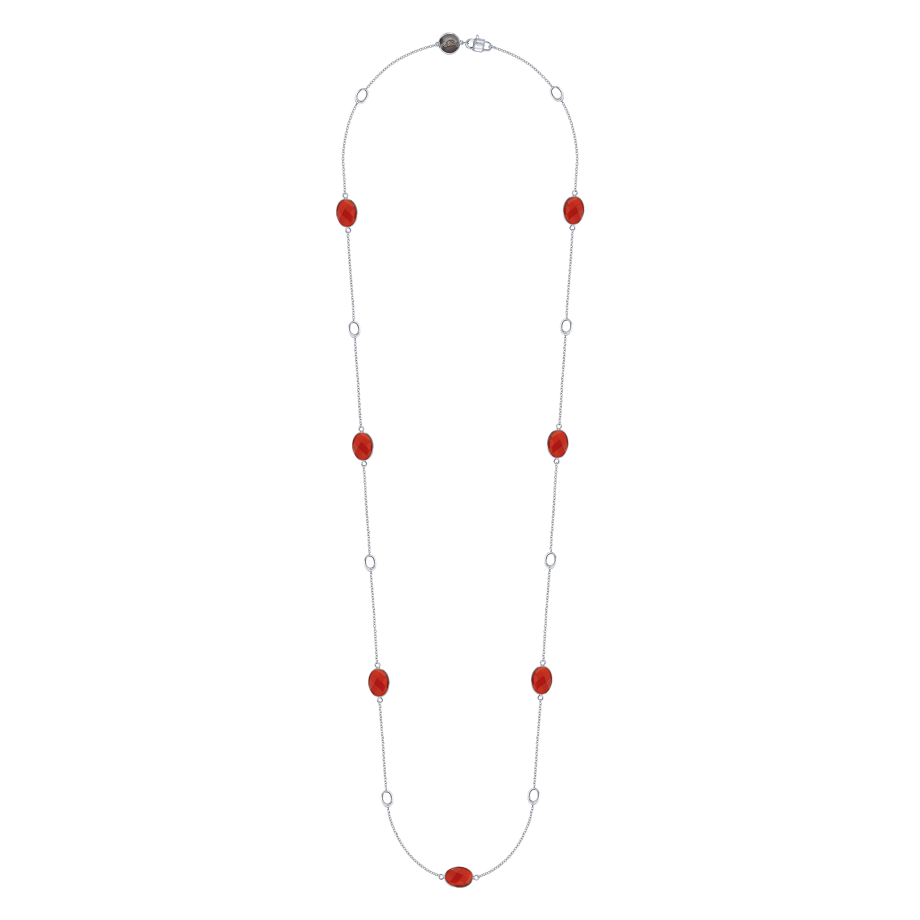 36 inch 925 Sterling Silver Oval Red Onyx Station Necklace