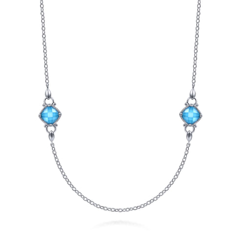 36 inch 925 Sterling Silver Rock Crystal/Turquoise and White Sapphire Station Necklace