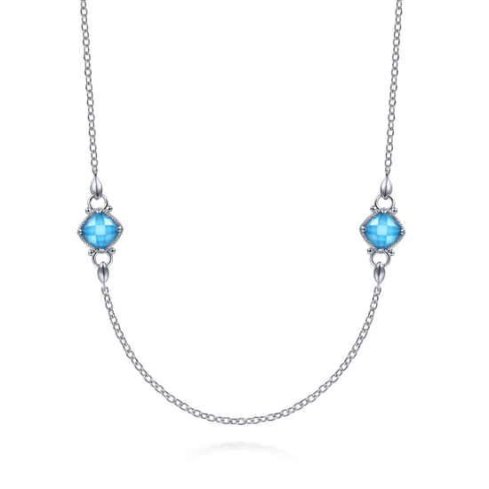 Gabriel - 36 inch 925 Sterling Silver Rock Crystal/Turquoise and White Sapphire Station Necklace