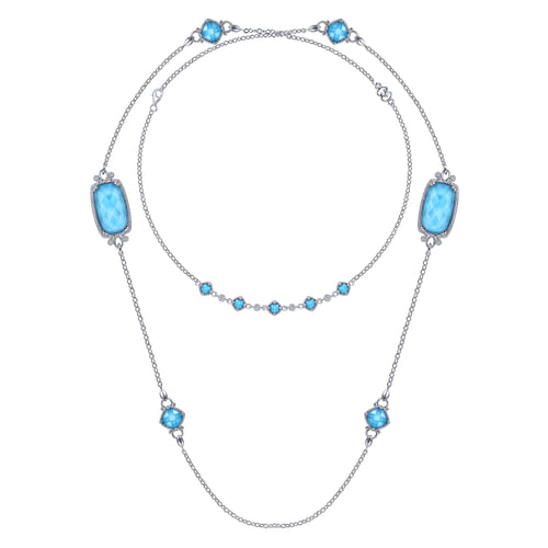 36 inch 925 Sterling Silver Rock Crystal/Turquoise and White Sapphire Station Necklace