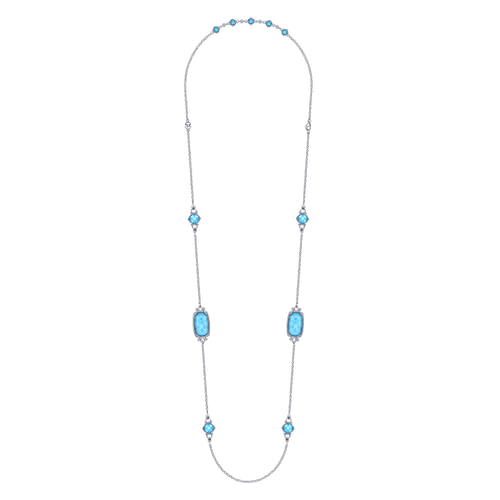 36 inch 925 Sterling Silver Rock Crystal/Turquoise and White Sapphire Station Necklace