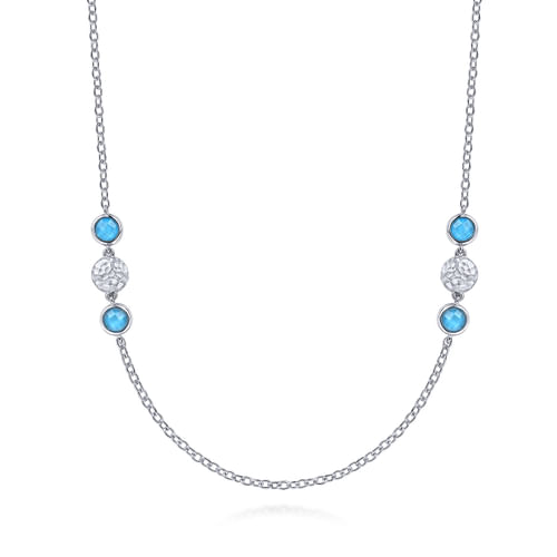 36 inch Hammered 925 Sterling Silver Doublet Rock Crystal/Turquoise Station Necklace