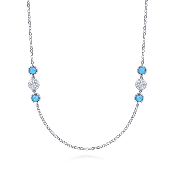 Gabriel - 36 inch Hammered 925 Sterling Silver Doublet Rock Crystal/Turquoise Station Necklace