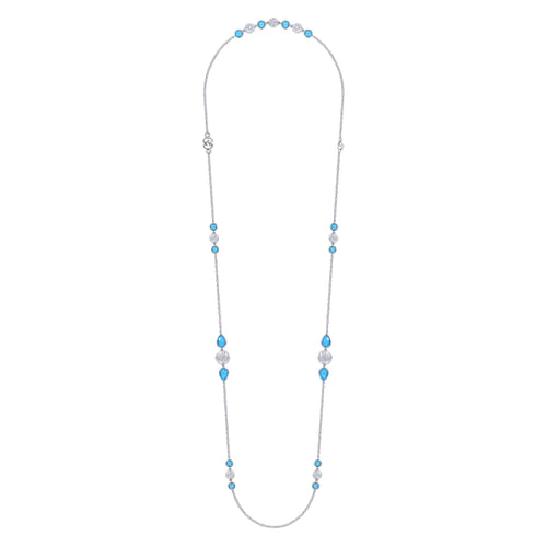36 inch Hammered 925 Sterling Silver Doublet Rock Crystal/Turquoise Station Necklace