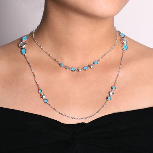 36 inch Hammered 925 Sterling Silver Doublet Rock Crystal/Turquoise Station Necklace
